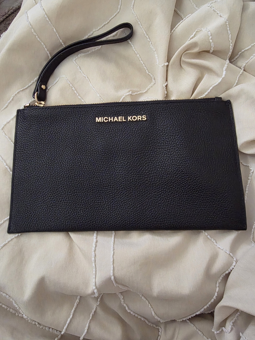 Michael Kors Black Pebbled Leather Wristlet with Gold Logo